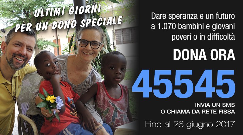 amlibonlus's tweet photo. Dona speranza e futuro a 1.070 bambini, ragazzi e famiglie povere o in difficoltà.
Fino a mezzanotte, DONA AL 45545 sms o chiamata da fisso. https://t.co/W1cWzigRMK