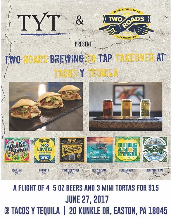 2RoadsLee's tweet image. Lehigh Valley: Amazing @2RoadsBrewing lineup &amp;amp; food pairings at #TacosYTequila all day MANANA! Let's do this, Easton! #igorsdream #conntucky