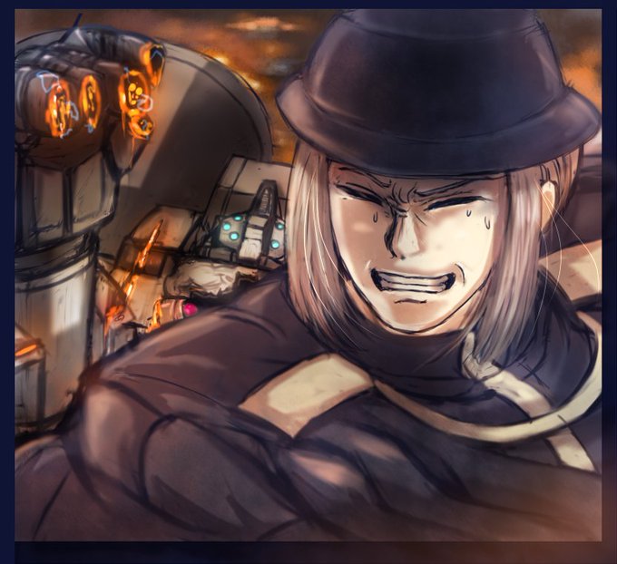 今描いている一枚漫画の一コマに登場していただいたカヒエル神父です!カロリナちゃんを亡き者にしようとしたマグナ・ヴィルトゥスの指ビーム砲をストラディバリウスで切り落とした後な感じです!ヾ(≧▽≦) 