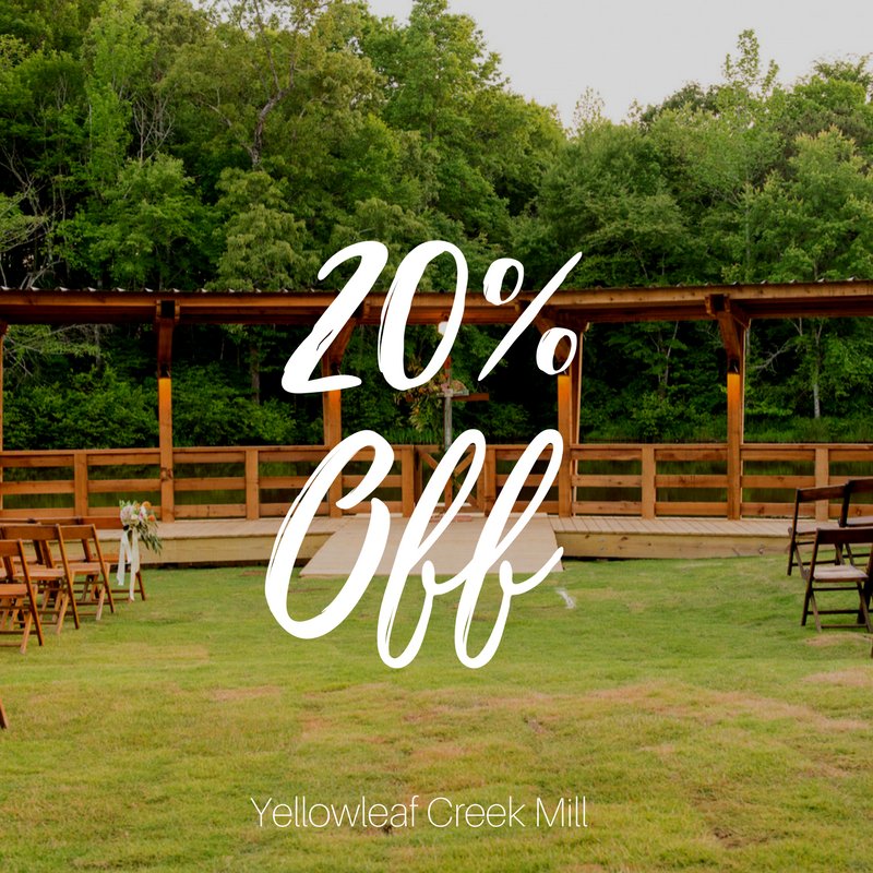 YLCMAL's tweet photo. Announcing a discount for weddings! 20% off on weddings at Yellowleaf Creek Mill. #wedding #alabamawedding https://t.co/PahHa3oXNE