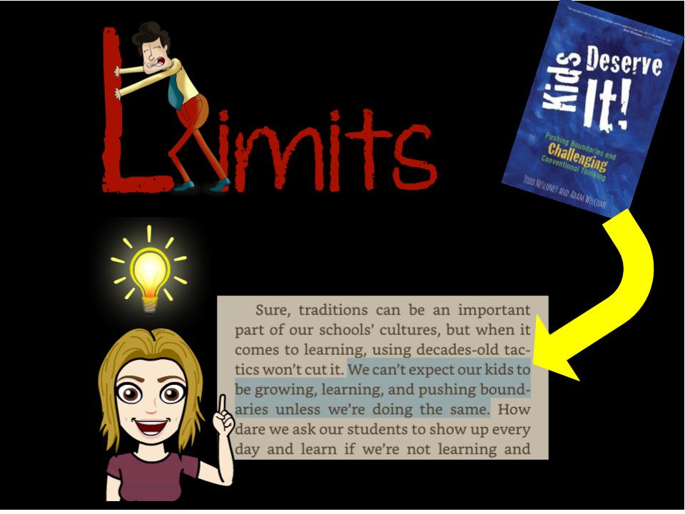 Kathy_Kober_EdD's tweet photo. "We can't expect our kids to be growing, learning &amp; pushing boundaries unless we are doing the same." #KidsDeserveIt #BookSnaps #summerPD17 https://t.co/DskDmccuM7
