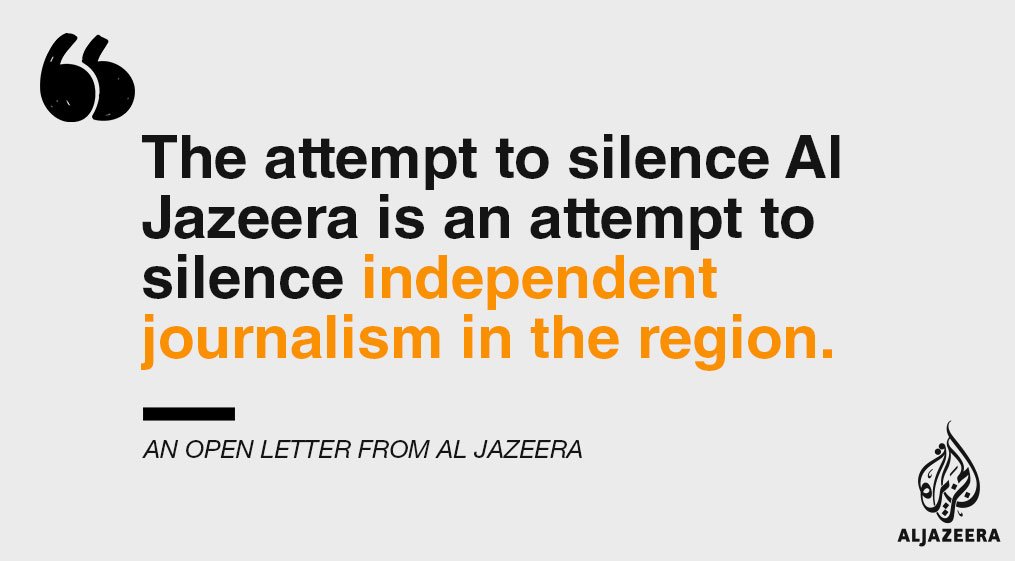 AJEnglish's tweet photo. This is our response to Saudi-led bloc's attempt to shut down Al Jazeera's global media operations https://t.co/cpPAtKLdHp https://t.co/P9EHGkxBIT
