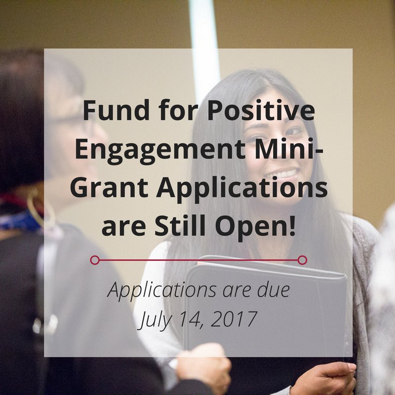 Campus_Compact's tweet photo. Applications for our Fund for Positive Engagement's $5,000 mini-grants are still open! Apply by July 14, 2017: https://t.co/KqosmRKstW https://t.co/R3ybEpV1Yx