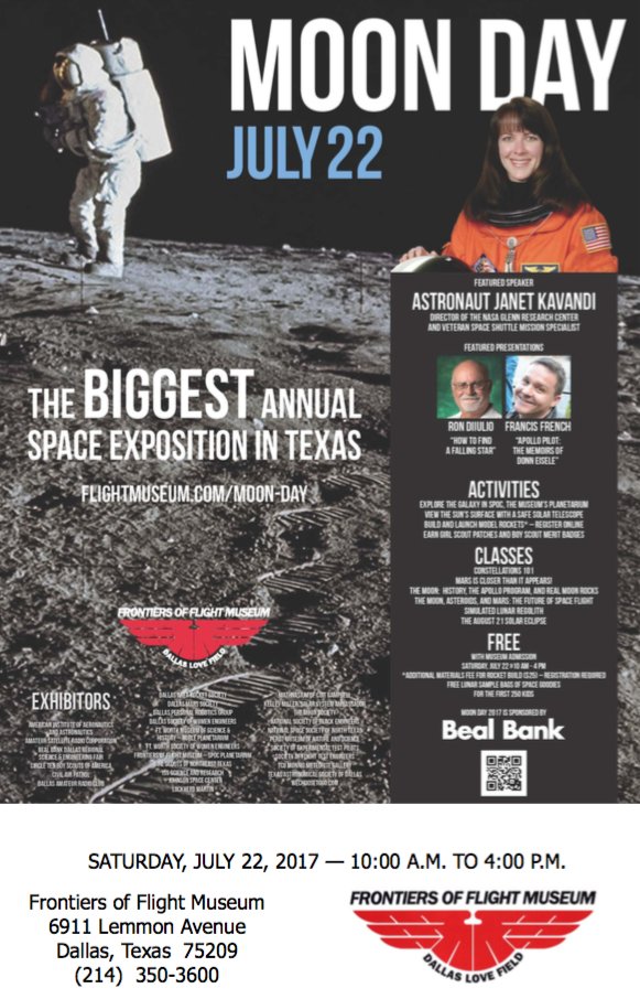 MOON DAY - July 22 in Dallas, TX. Join us to learn more about <a href="/Space_Station/">International Space Station</a> Science and Technology. 🛰️