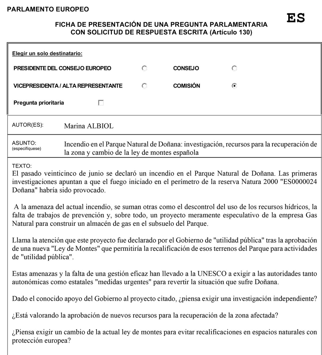 MarinaAlbiol's tweet photo. Acabo de pedir por escrito a la Comisión Europea que promueva una investigación del incendio en Doñana #DonanaArde https://t.co/e2DPtBzwFD