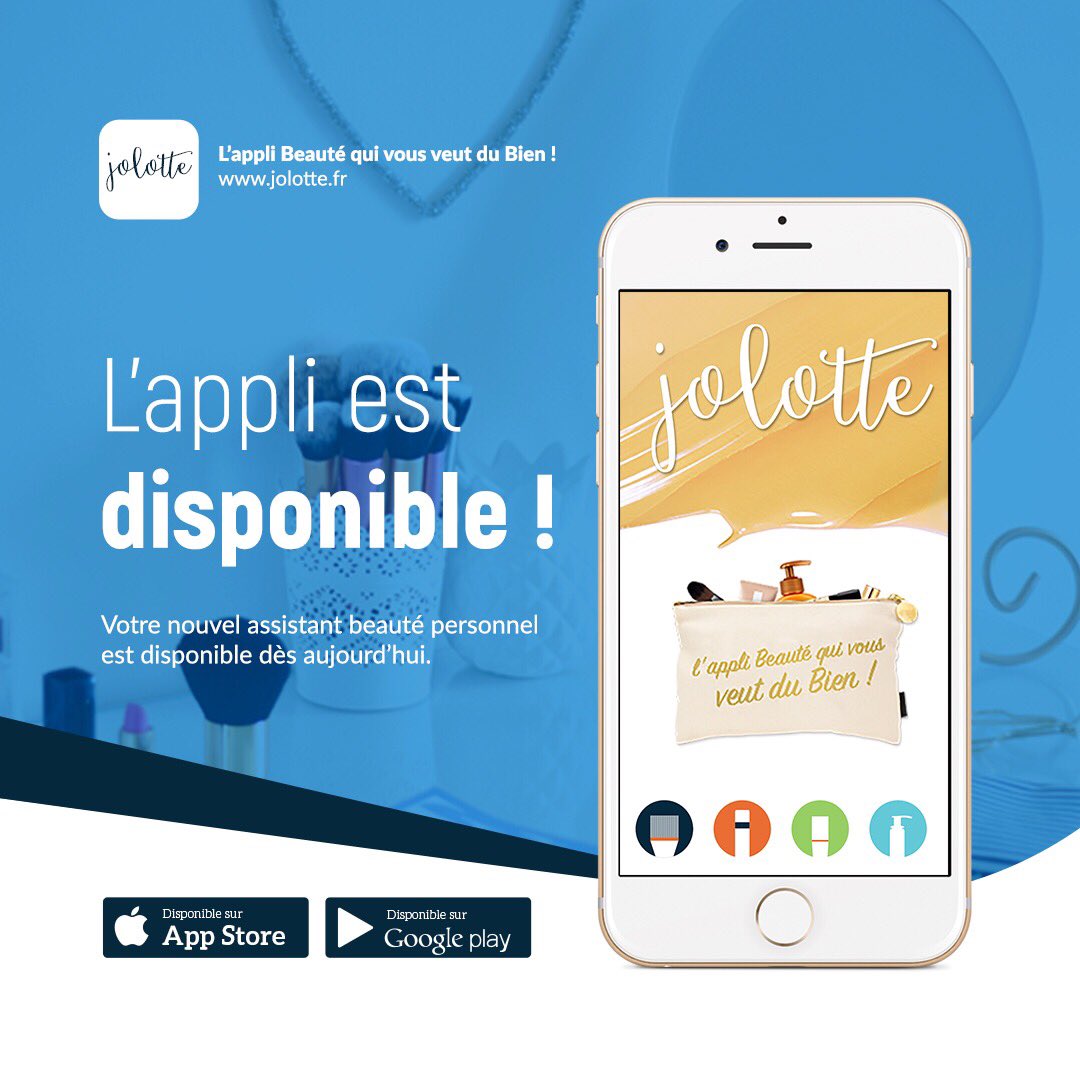 jolotte_app's tweet photo. JOLOTTE, votre trousse de beauté virtuelle, est disponible en téléchargement gratuit 📲
#jolotte #applicationmobile #applibeaute #cosmetiques https://t.co/aqHT16uYsD