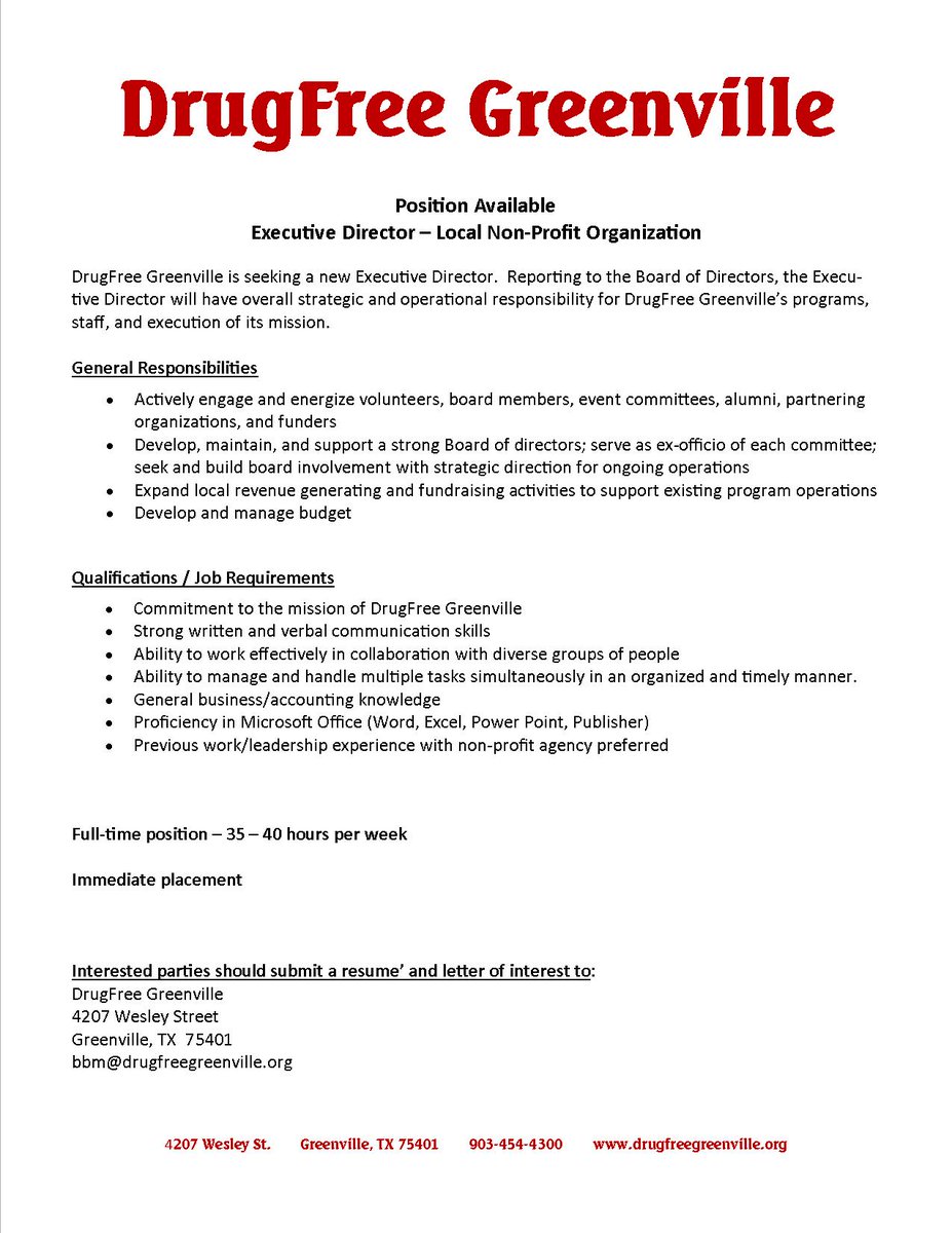drugfreegville's tweet image. Local Non-Profit seeking Executive Director with passion for making a difference in our community.
