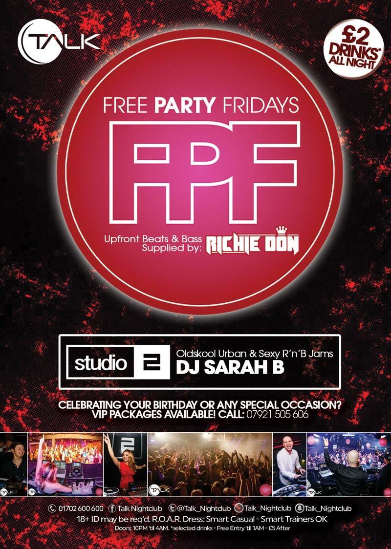 Get ready for @freepartyfriday 🚀 
<a href="/djrichiedon/">DJ Richie Don</a> <a href="/DJ_SarahB/">Sarah Belsey (DJ)</a> @FinlayCDJ 👌💥❤️🔈
Drinks £2 all night &amp; entry a gift before 1am.