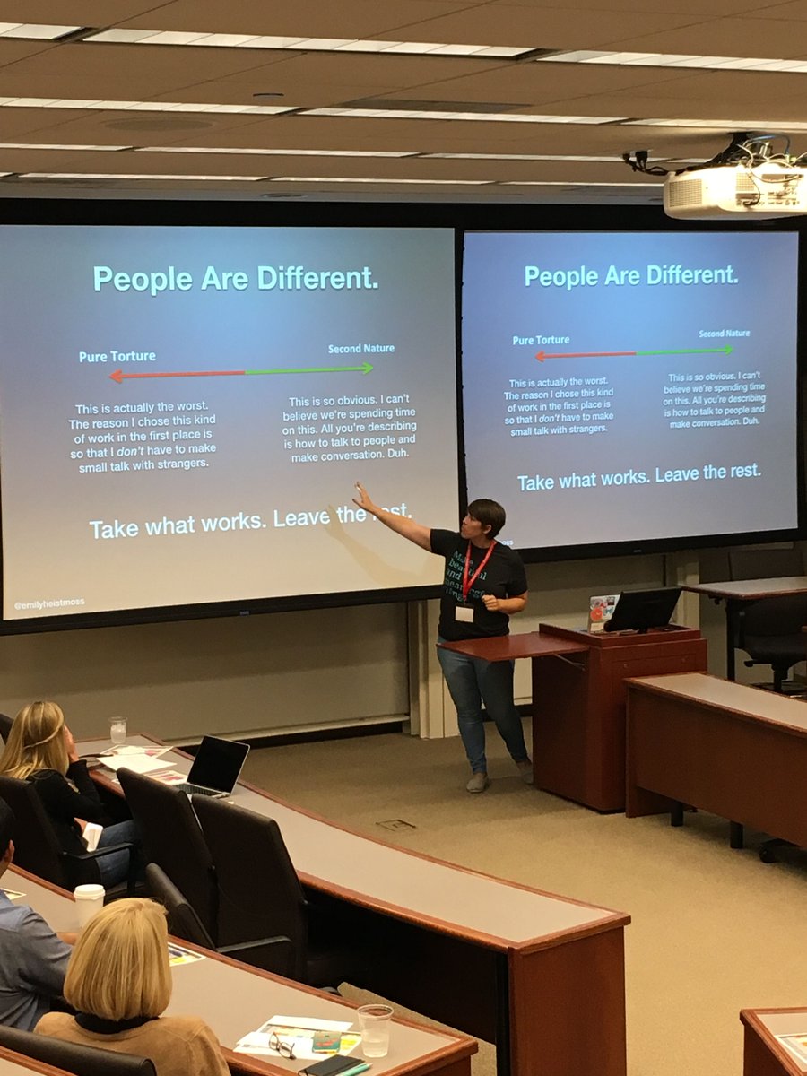 CoderConference's tweet image. @EmilyHeistMoss talking &quot;How to Make Networking Suck Less&quot; in the Tech Leadership track! #coderconference #networking