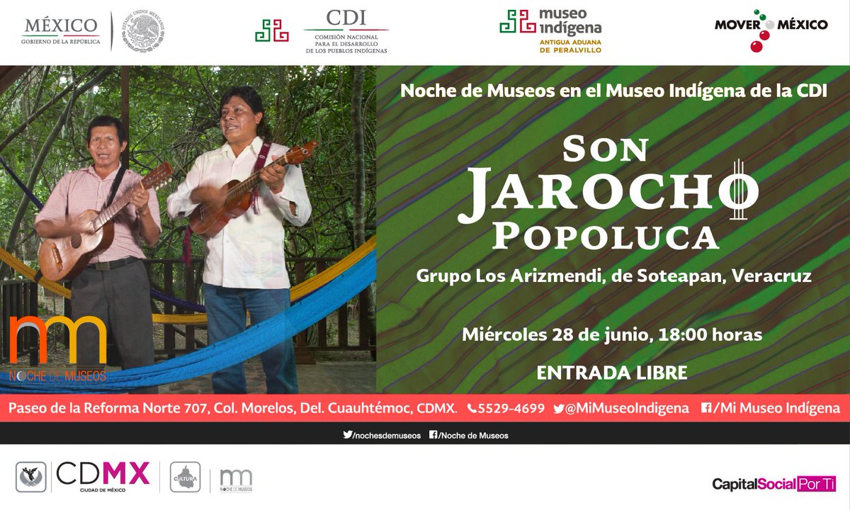 La #NocheDeMuseos en el <a href="/MiMuseoIndigena/">Museo Indígena</a> de la CDI contará con la presentación de sones jarochos y huapangos. 🎻🎼🎵Asiste este miércoles.