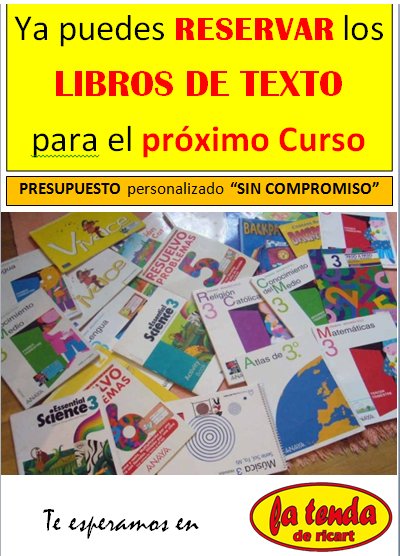 LaTendaDeRicart's tweet photo. ¡Ya puedes RESERVAR los LIBROS de TEXTO para el próximo CURSO 2017/18!
¡Tambíen tenemos los #LIBROSdeVACACIONES!
#LibrosdeTexto https://t.co/qdGcsff2Tt