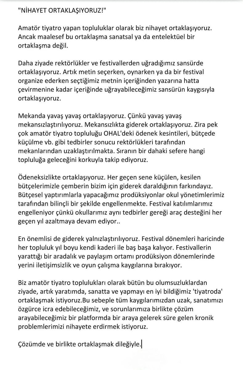 Amatör Tiyatrolar Artık Bir Arada!
#amatortiyatrolardayanismasi