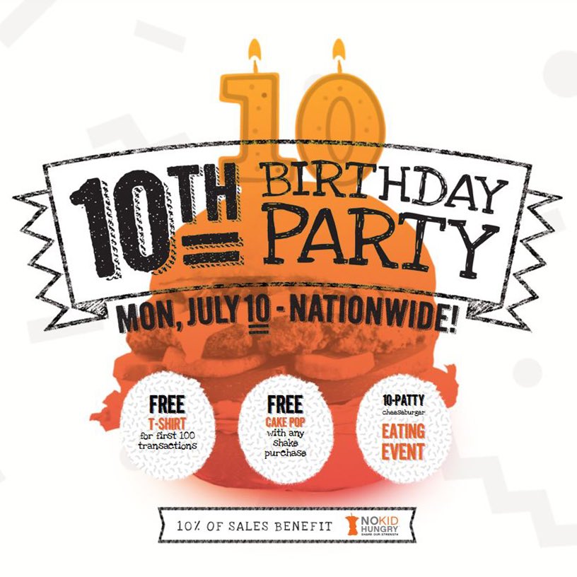 MooyahOC's tweet photo. 7/10 #MOOYAH 10th Birthday: FREE t-shirt, FREE #cakepop &amp; 10-patty eating event! 10% of sales benefit @NoKidHungry.🎂 https://t.co/51YYWCZPS7 https://t.co/ucBtlYU9Nq