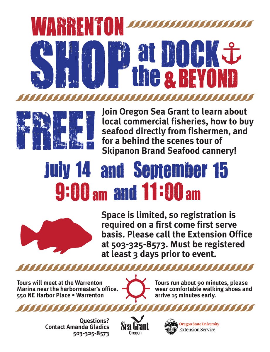 OregonSeaGrant's tweet photo. This summer, you can learn how to "Shop at the Dock" in Warrenton, too! July 14 and Sept. 15 at 9 and 11 am. See flyer below for details. https://t.co/yhu0TczBcc