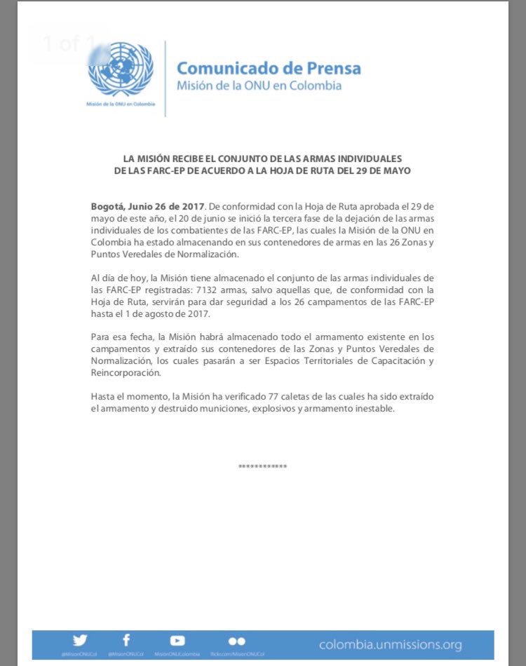 DeLaCalleHum's tweet photo. Excelente noticia. La ONU ya tiene en su poder todas las armas individuales de las Farc. Dejan de ser un grupo armado para siempre. https://t.co/nWQYpwHHQv