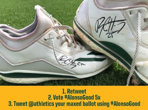 Athletics's tweet photo. @rchealy25 No ifs, ands, or buts – Vote #AlonsoGood and RT this post for a chance to win autographed @rchealy25 cleats. https://t.co/nAW7ubsoY8 https://t.co/Lra40uHwzz