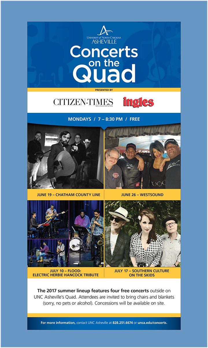 UNCACultural's tweet photo. Beautiful weather, beautiful night for outdoor music - 7pm Westsound at Concerts on the Quad @UncAvl @mxarts @citizentimes @InglesAdvantage https://t.co/FsxkVfC837