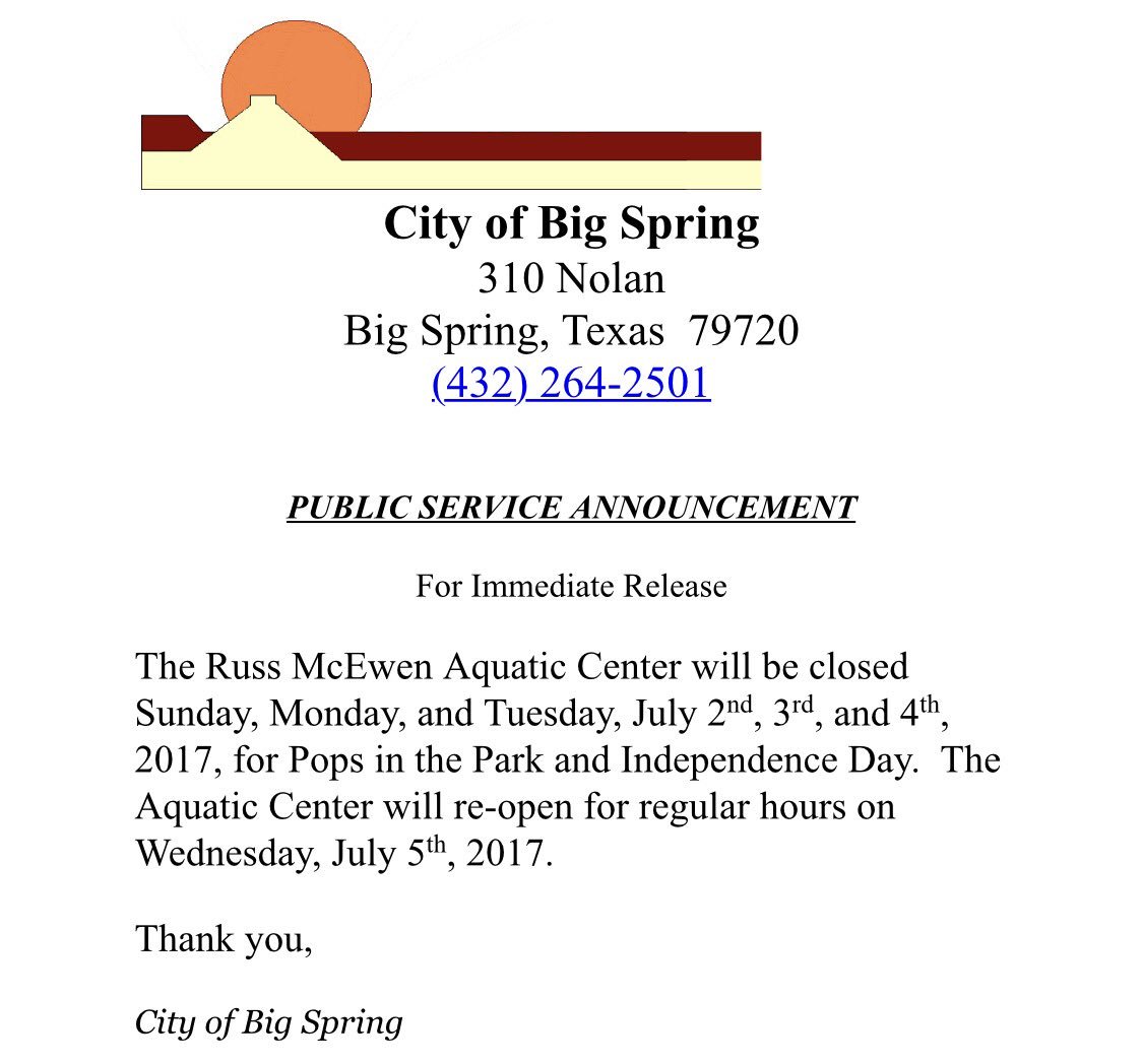 VisitBigSpring's tweet photo. Aquatic Center will be closed July 2-4 https://t.co/iGtKVDqPb2