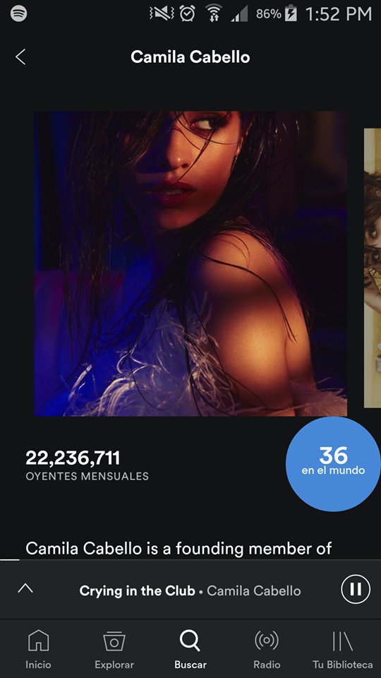 CCabelloMEX's tweet photo. Camila ha superado la marca de oyentes mensuales de 22M en su perfil de Spotify. Siendo 🇲🇽 el país que más la escucha 😎 https://t.co/PUECKO8v7i