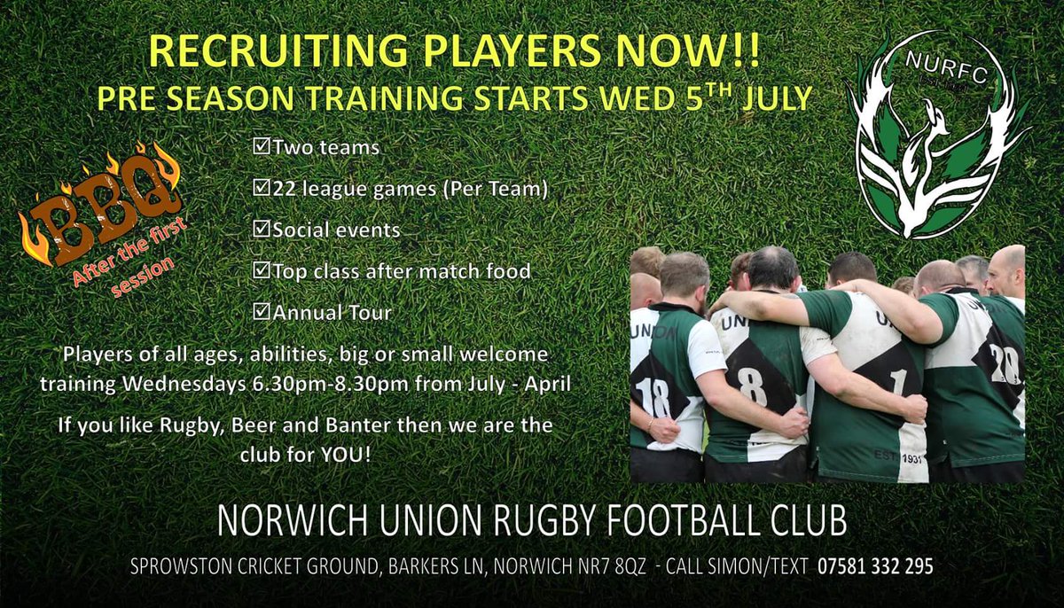 NURFC Recruiting Players Now!
Why not give it a try - pre season training starts 5th July 6.30pm at <a href="/SprowstonCC/">Sprowston CC</a> 
facebook.com/events/1383837…