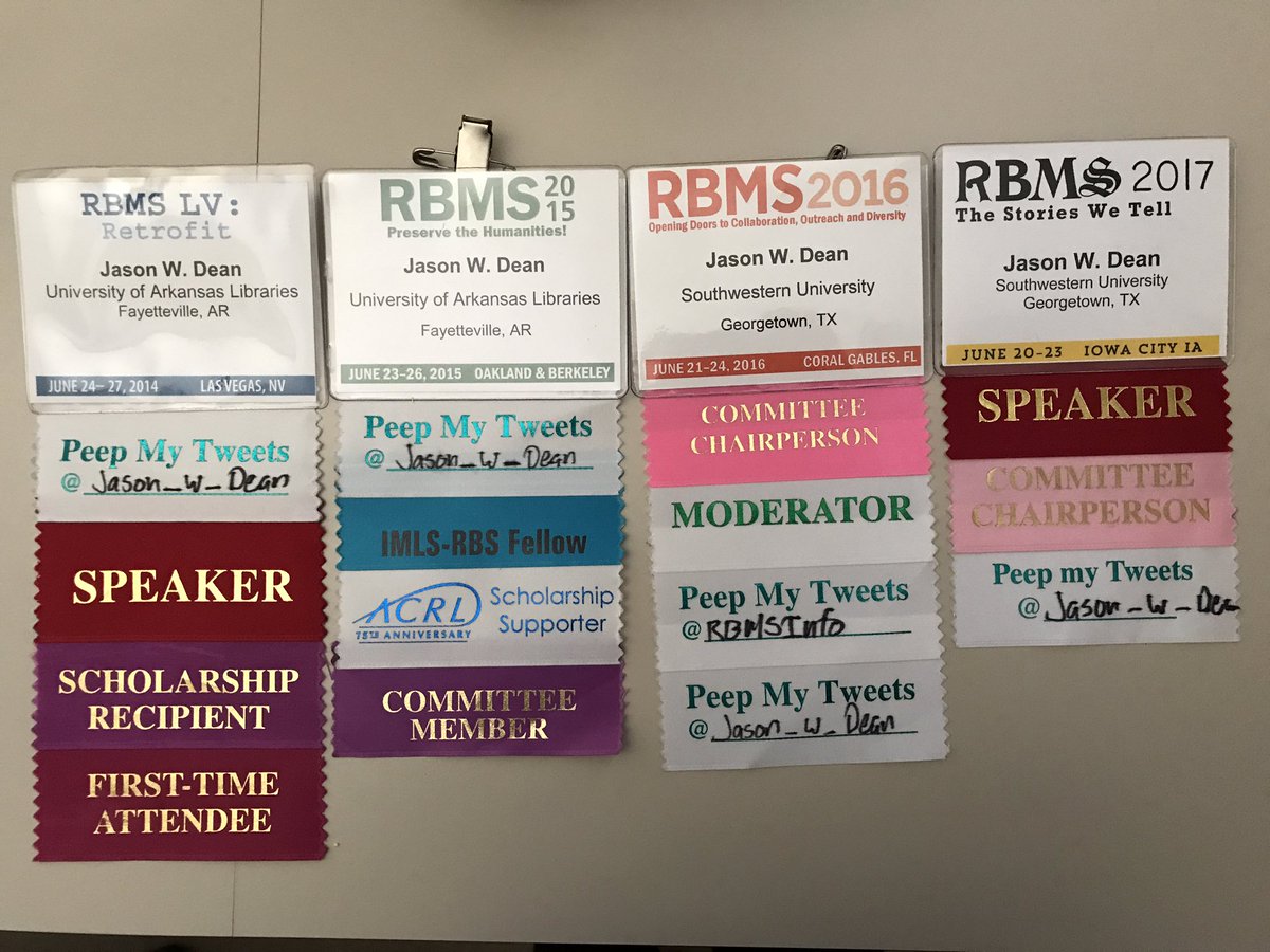 Jason_W_Dean's tweet photo. Also, putting away my #rbms17 stuff, remembering that I keep all my badges: https://t.co/nGKOxDEm3V
