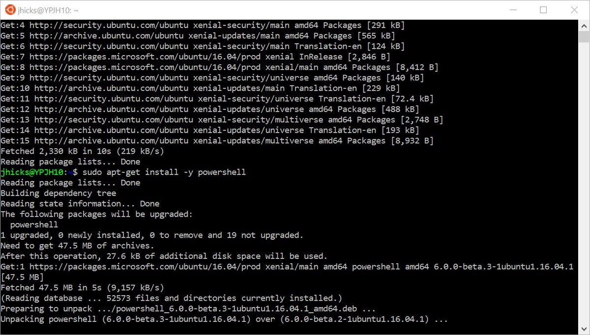 JeffHicks's tweet image. Upgrading #PowerShell beta 3 in Ubuntu shell on Windows 10. #PSLinux