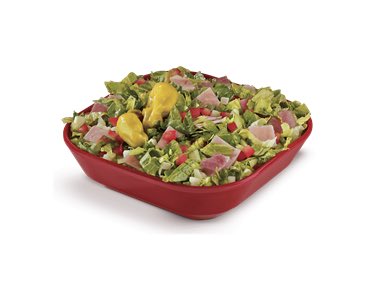 Chopped Salad - Romaine, tomato, bell pepper, cucumber, mozzarella, pepperoncini, and dressing. Choose from turkey,chicken, ham. 330-400 CAL