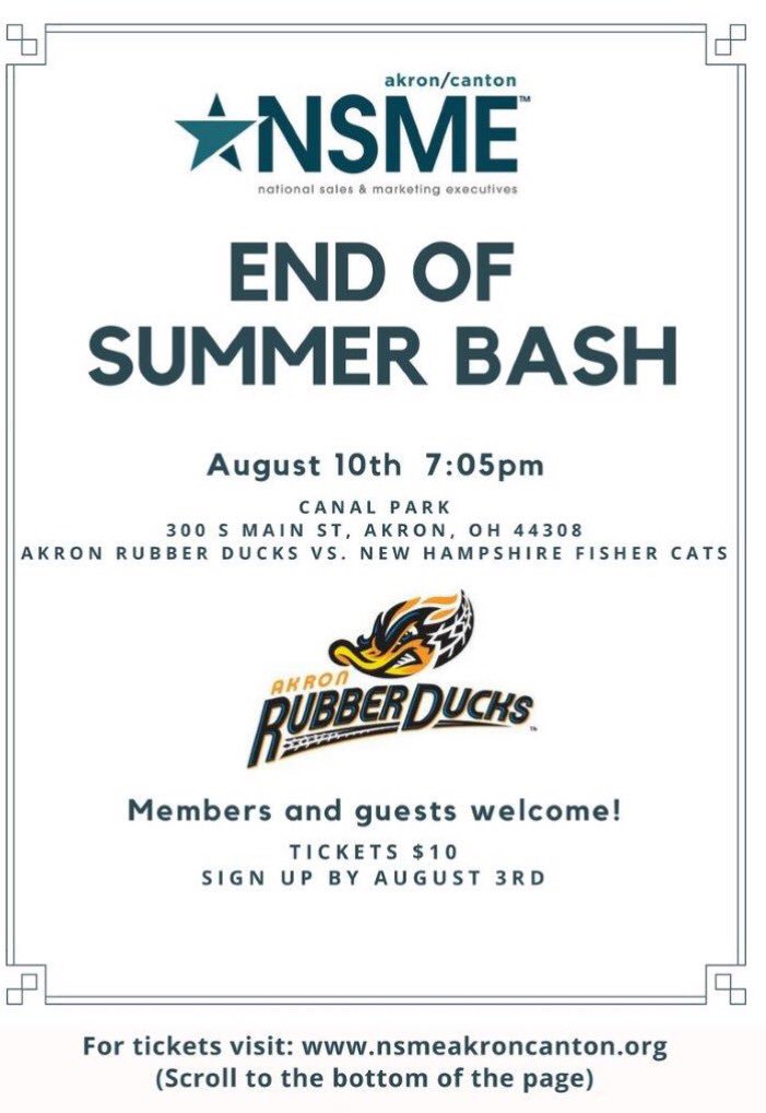 NSMEAkronCanton's tweet photo. We are pleased to announce our annual event with @AkronRubberDuck will be Thurs. August 10th! Hope to see you in Quackron! #NSMEAkronCanton https://t.co/yuHzoEEg2H