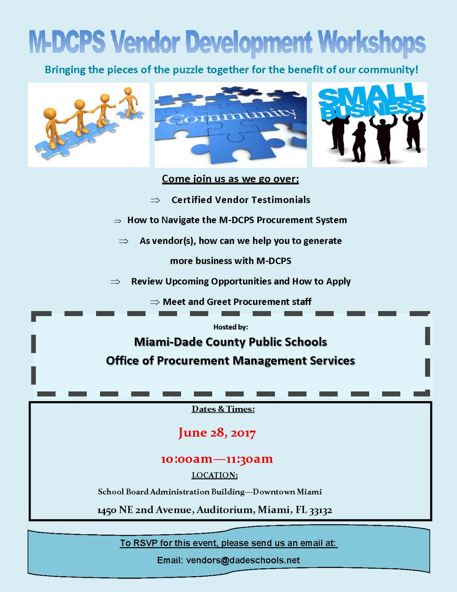 Join us on 6/28 from 10-11:30am at the <a href="/MDCPS/">Miami-Dade Schools</a> Vendor Development Workshop. Learn how to generate more business for your firm. #MDCPSBizOpps