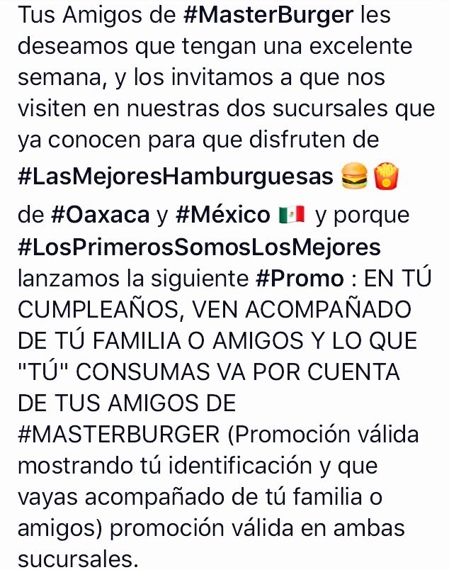 MasterBurger1's tweet photo. Tus amigos de #MasterBurger lanzamos una #Promo especial para ti y así premiar tú #Lealtad así somos #LasMejoresHamburguesas 🍔🍟 de #Oaxaca https://t.co/2WGucTjaWQ