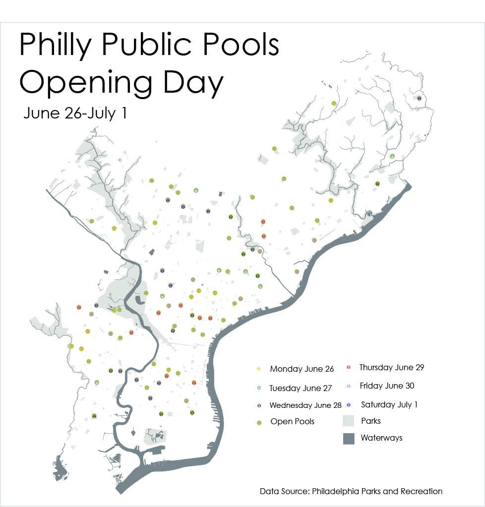 Pools continue to open this week! Find out when public pools near you open at: buff.ly/2t3Ad0M #mappingmonday #phillypools #gis