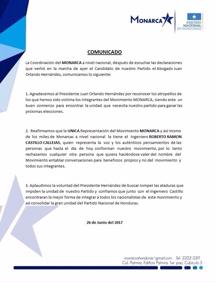 MonarcaHn's tweet photo. Comunicado 26 de Junio 2017 https://t.co/d5Ehw5F4Ff