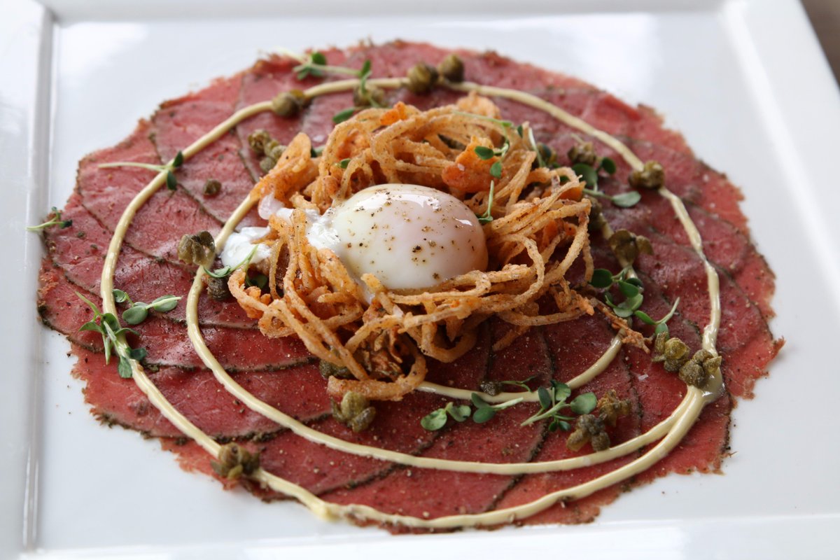 Start the week with our Carpaccio. | Bison, Bourbon Dijon Aioli, Egg, Shallot Frites, Fried Capers, Crostini. #CuredWineBar

 #yeg #yegfood