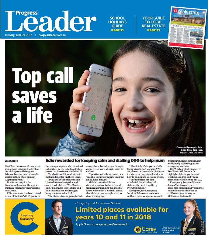progressleader's tweet image. Here's this week's Progress Leader front page featuring a triple zero hero! More: bit.ly/2sKDCAg
