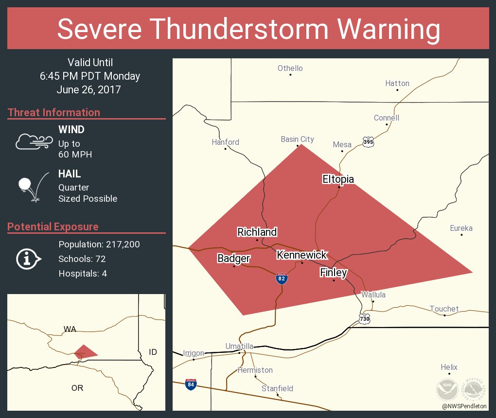 NWSPendleton's tweet image. Severe Thunderstorm Warning continues for Kennewick WA, Pasco WA, Richland WA until 6:45 PM PDT