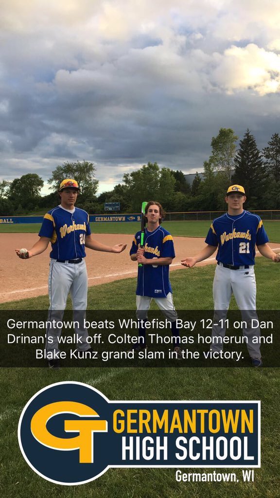 Dan Drinen's walk-off single gave No. 4 Germantown a 12-11 win over Whitefish Bay. Blake Kunz and Colten Thomas both homered (via @CFix24)