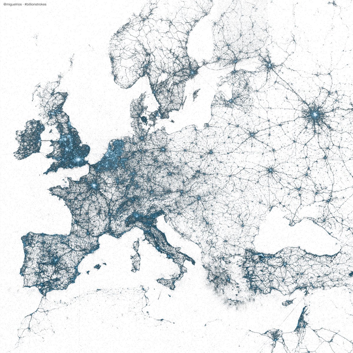 MaxCRoser's tweet photo. Map of Europe by geotagged tweets
(people tweet from highways a lot, and from ferries)
[source: https://t.co/RXRnvqliIg] https://t.co/NUcddHqKuM