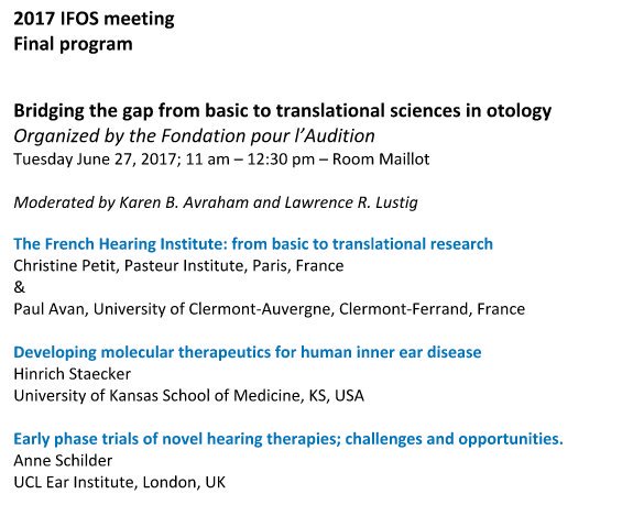 PourlAudition's tweet photo. #IFOSParis : la session "Bridging the gap from basic to translational sciences in #otology" commence maintenant ! #WeAreENT https://t.co/Ulh4aUgZBr