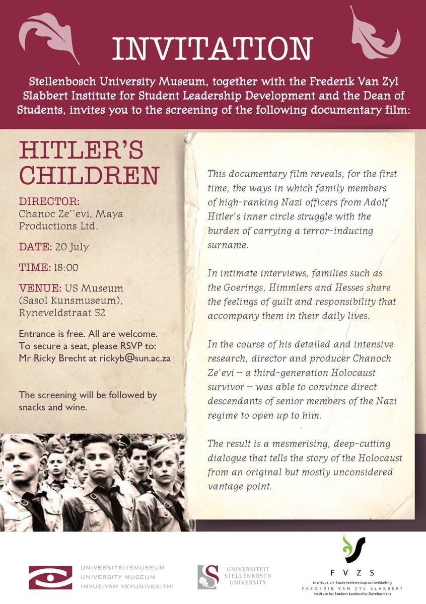 kamva_somdyala's tweet photo. #SUMuseum brings us the screening of the documentary #HitlersChildren - fitting, considering events of two months ago at Stellies https://t.co/jT980BxxLQ