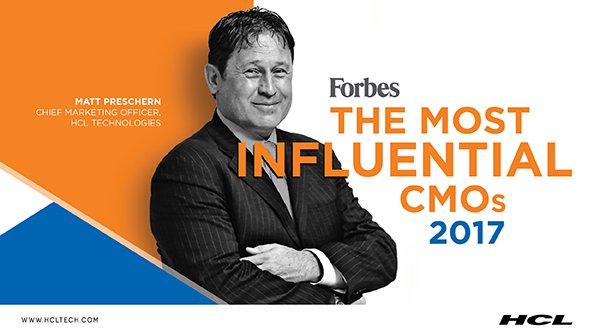 hcltech's tweet photo. Congratulations to our #CMO @MattPreschern for being recognized as one of the world’s top 20 ‘most influential CMOs of 2017’ by @Forbes https://t.co/0v74OFj5db