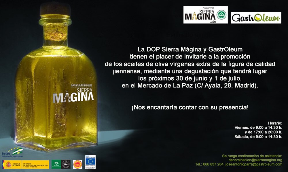 ¿Te apetece degustar los vírgenes extra q certifica <a href="/DOSierraMagina/">D.O.P. Sierra Mágina</a>? Ven a <a href="/MercadoDeLaPaz/">Mercado de  la Paz</a> el viernes y sábado ¡Te esperamos! #aove #Madrid