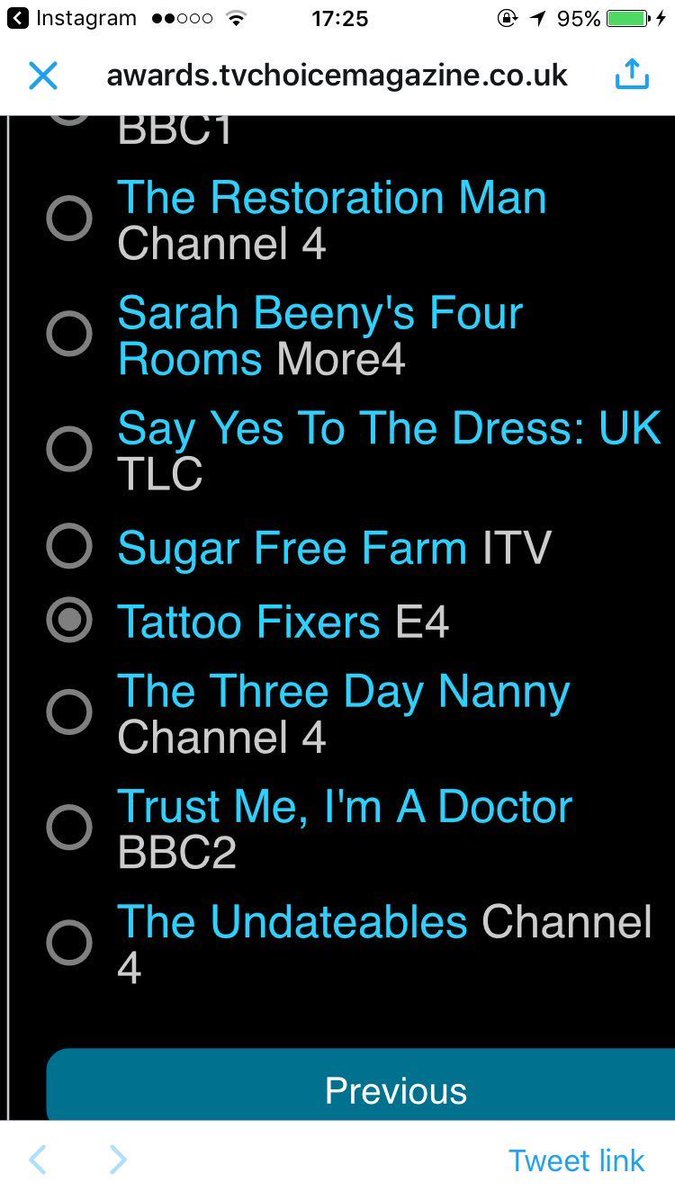 Make sure you go and vote for <a href="/E4TattooFixers/">Tattoo Fixers Extreme</a> for the TV choice awards! 
I voted ages ago... get your vote in 👉🏼 awards.tvchoicemagazine.co.uk 👈🏼