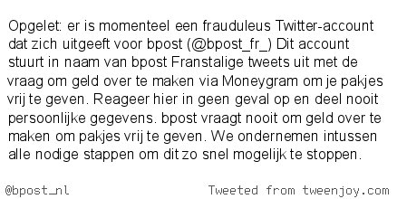 bpost_nl's tweet photo. Opgelet: frauduleus bpost Twitter-account in omloop (RT aub) https://t.co/E3rFYZDeMb