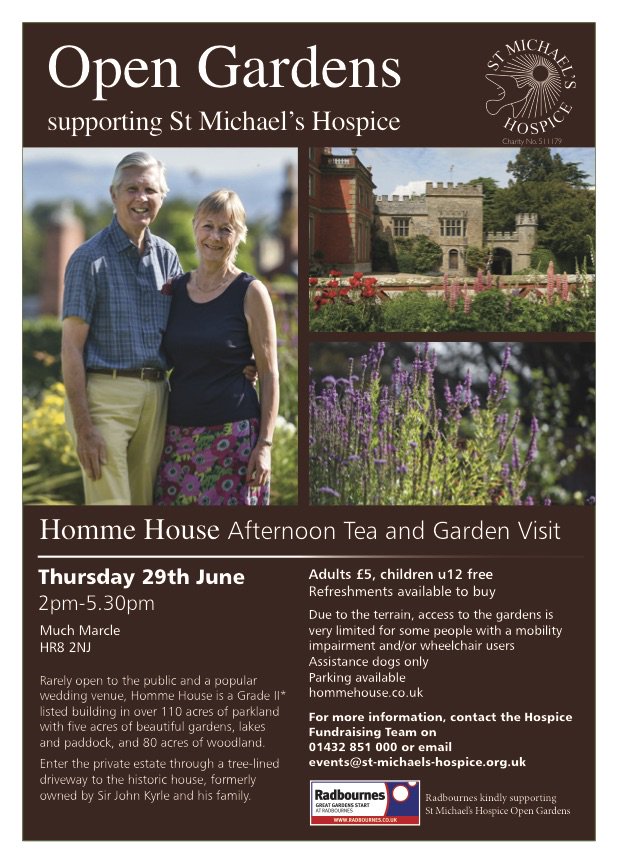 THIS THURSDAY! Come to Homme House in Much Marcle for an AFTERNOON TEA &amp; GARDEN VISIT, 2-5:30pm! Info here: st-michaels-hospice.org.uk/event/homme-ho…
