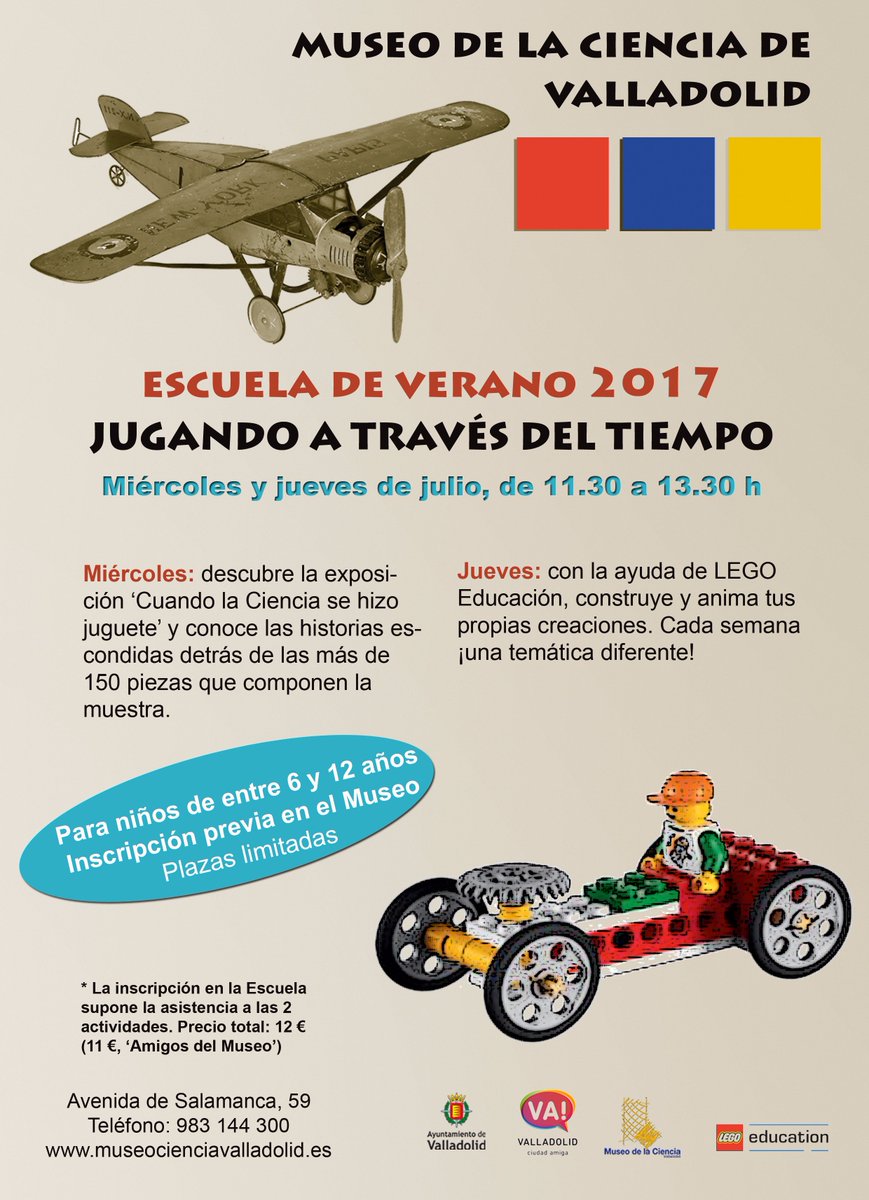 MCienciaVLL's tweet photo. Escuela de Verano 2017 'Jugando a través del tiempo'. Para niños de 6 a 12 años. Miércoles y jueves de julio. Plazas limitadas. https://t.co/CH4F0fwO7G