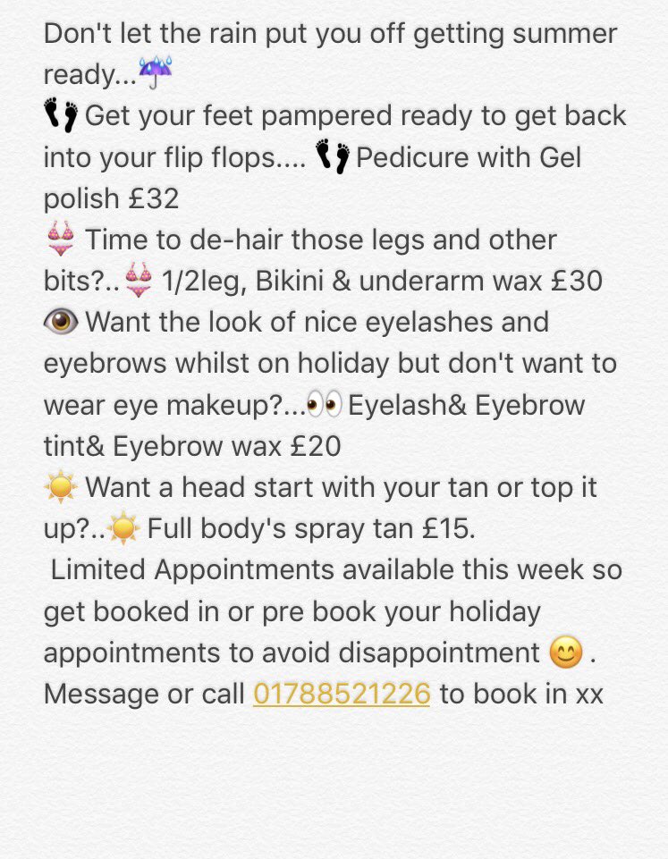 Hann_Lees's tweet photo. Get your holiday appointments booked in to avoid disappointment as this is a very busy time of year there is limited availability. Thankyou😘 https://t.co/lsomp2j1F9