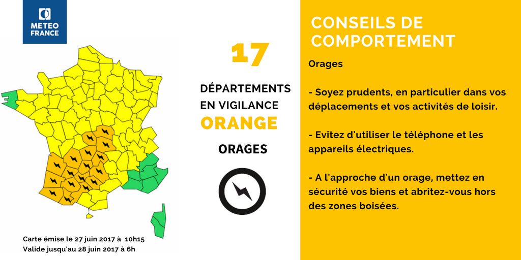 MAIF's tweet photo. ⚡️ 17 départements en #VigilanceOrange #Orages 
Restez informés sur @VigiMeteoFrance &amp; ayez les bons réflexes ⏩ https://t.co/V6Dykg5i1c https://t.co/n45FVr50Cs