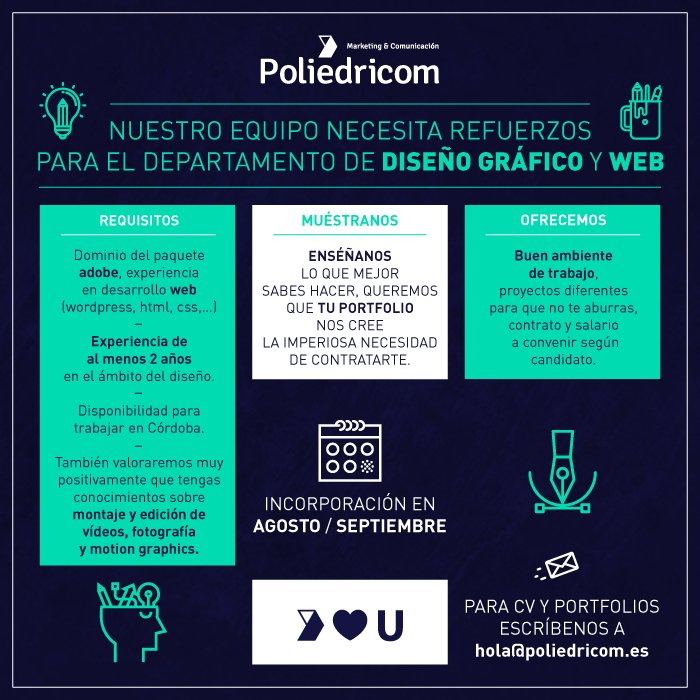 fugazzzes's tweet photo. Oferta de #Empleo para el departamento de #DiseñoGráfico y #Web. Sorpréndenos con tu CV y portfolio ➡️ hola@poliedricom.es https://t.co/IprDWVS8bx