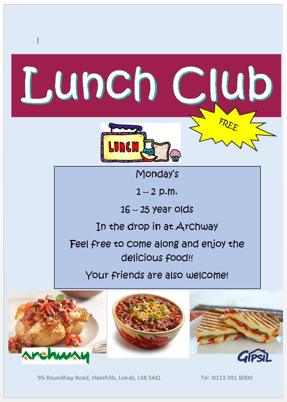 Lunch Club!!!! 
starting Monday 3rd July 1-2 pm..
Feel free to come along and enjoy the delicious food.