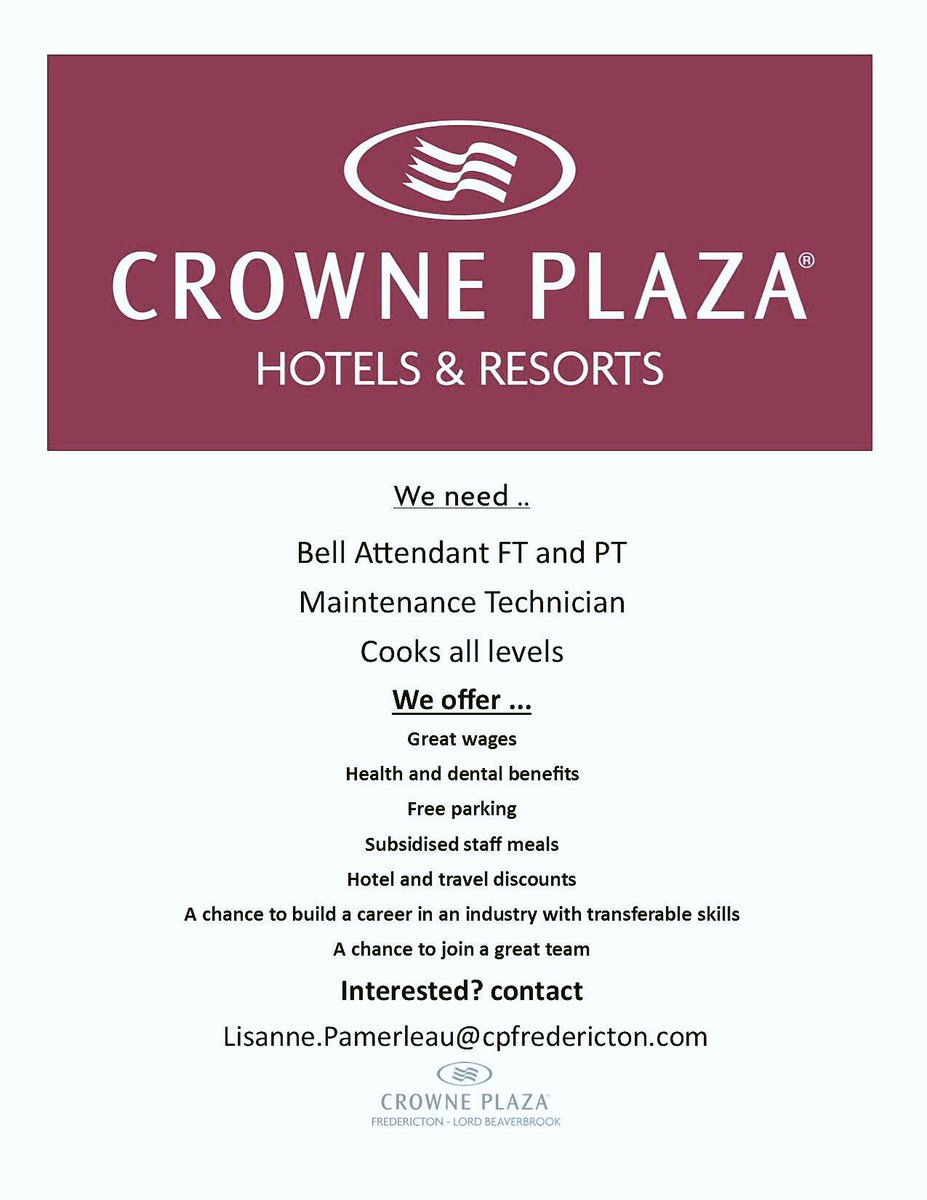 <a href="/CrownePlazaFTON/">CrownePlazaFTON</a> <a href="/DowntownFred/">Downtown Fredericton</a> <a href="/Fton_Chamber/">Fredericton Chamber of Commerce</a> <a href="/CanadaCulinary/">Culinary Tourism Alliance</a> <a href="/chefmmackenzie/">Matt Mackenzie</a> <a href="/Fton_Jobs/">Fredericton Jobs</a>